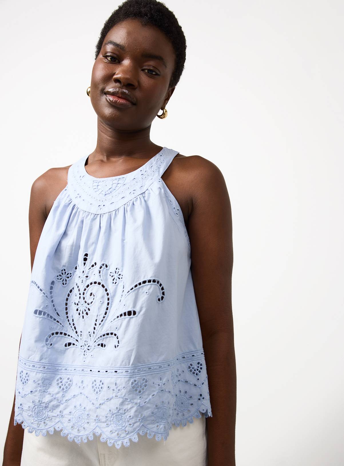 Light Blue Broderie Detail Halter Neck Shell Top 20 - Image 1